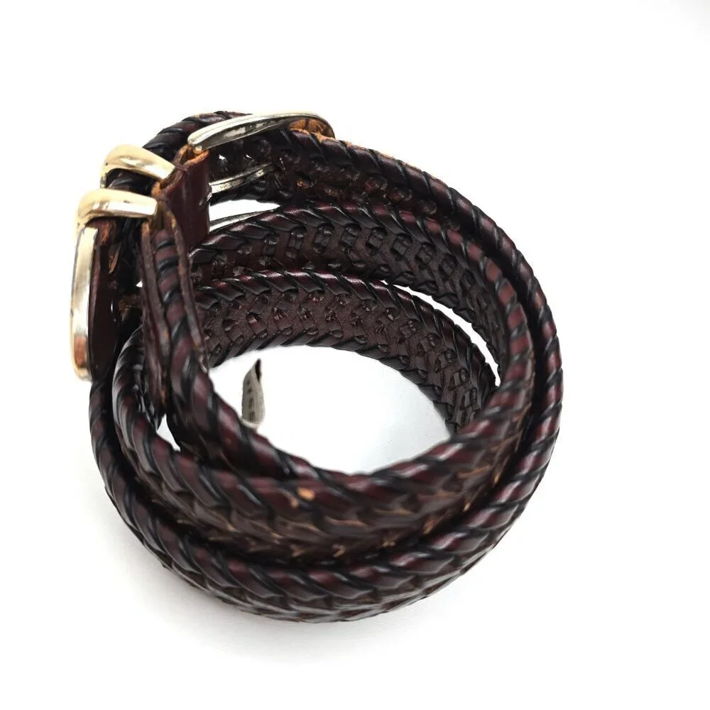 Fossil Vintage Brown Braided Leather Belt Gold Buckle